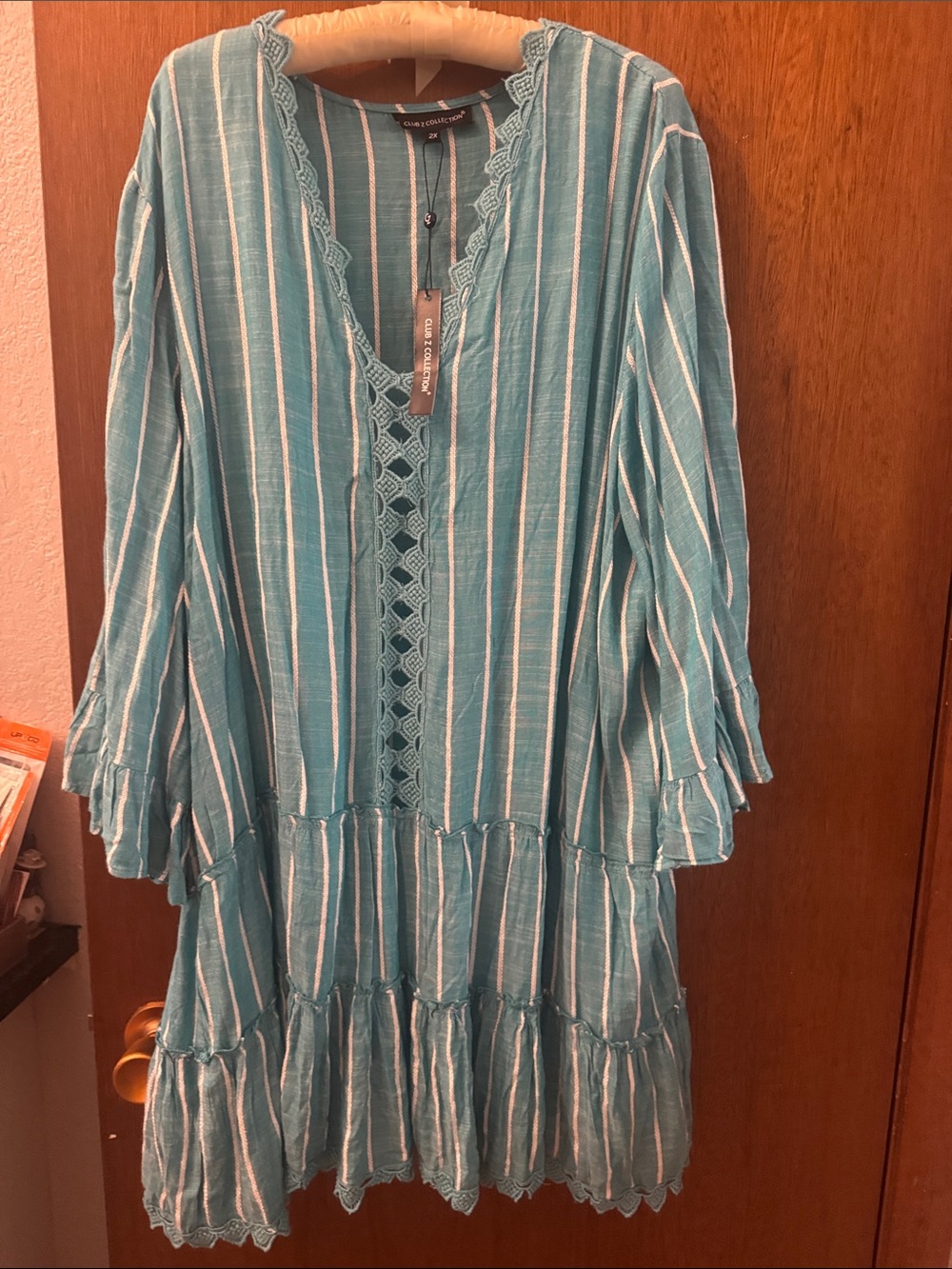 Boho Striped Crochet-Trim Swim Coverup in Teal